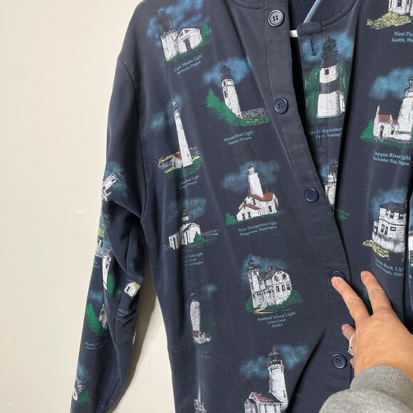 Vintage Lighthouse Cardigan Sweater Womens XL Navy Blue Button Grandmacore - Picture 9 of 13